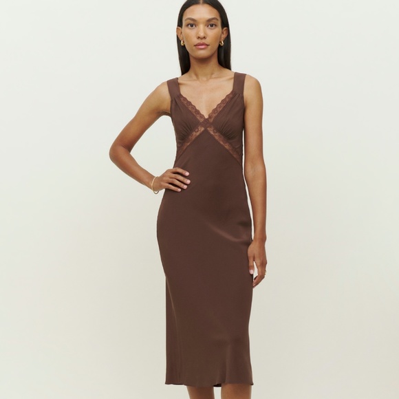 Reformation Dresses & Skirts - NEW Medium Reformation Provence Silk Dress Cafe Brown Midi Lace Cutout